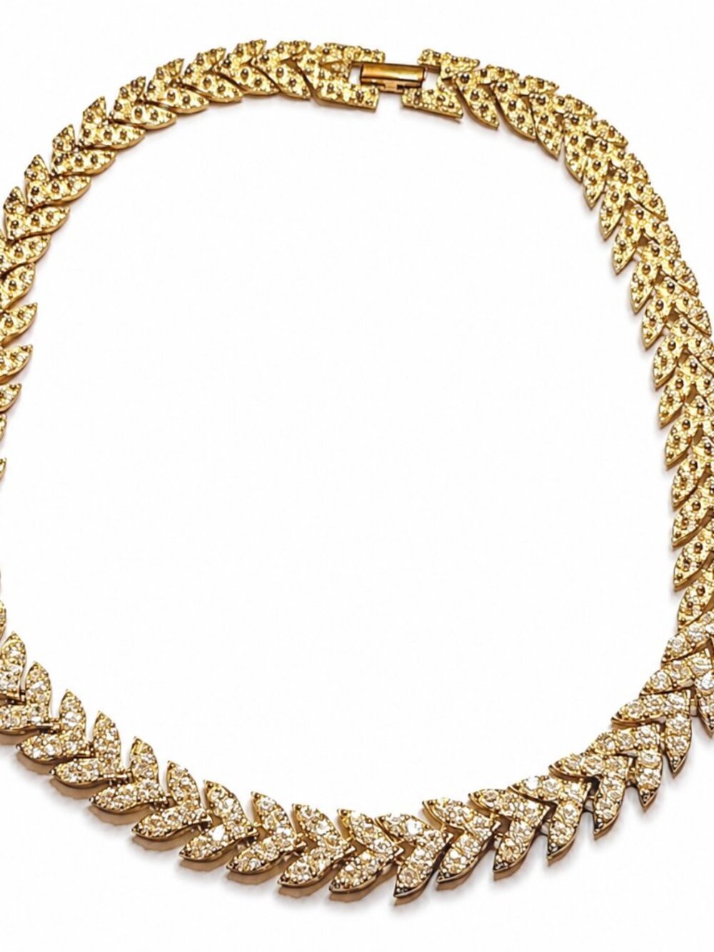 Stunning Vintage Gold Tone and Rhinestone Leaf Bib‎ Necklace